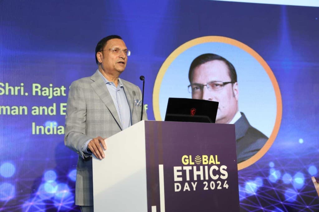 Speaker at podium for Global Ethics Day 2024